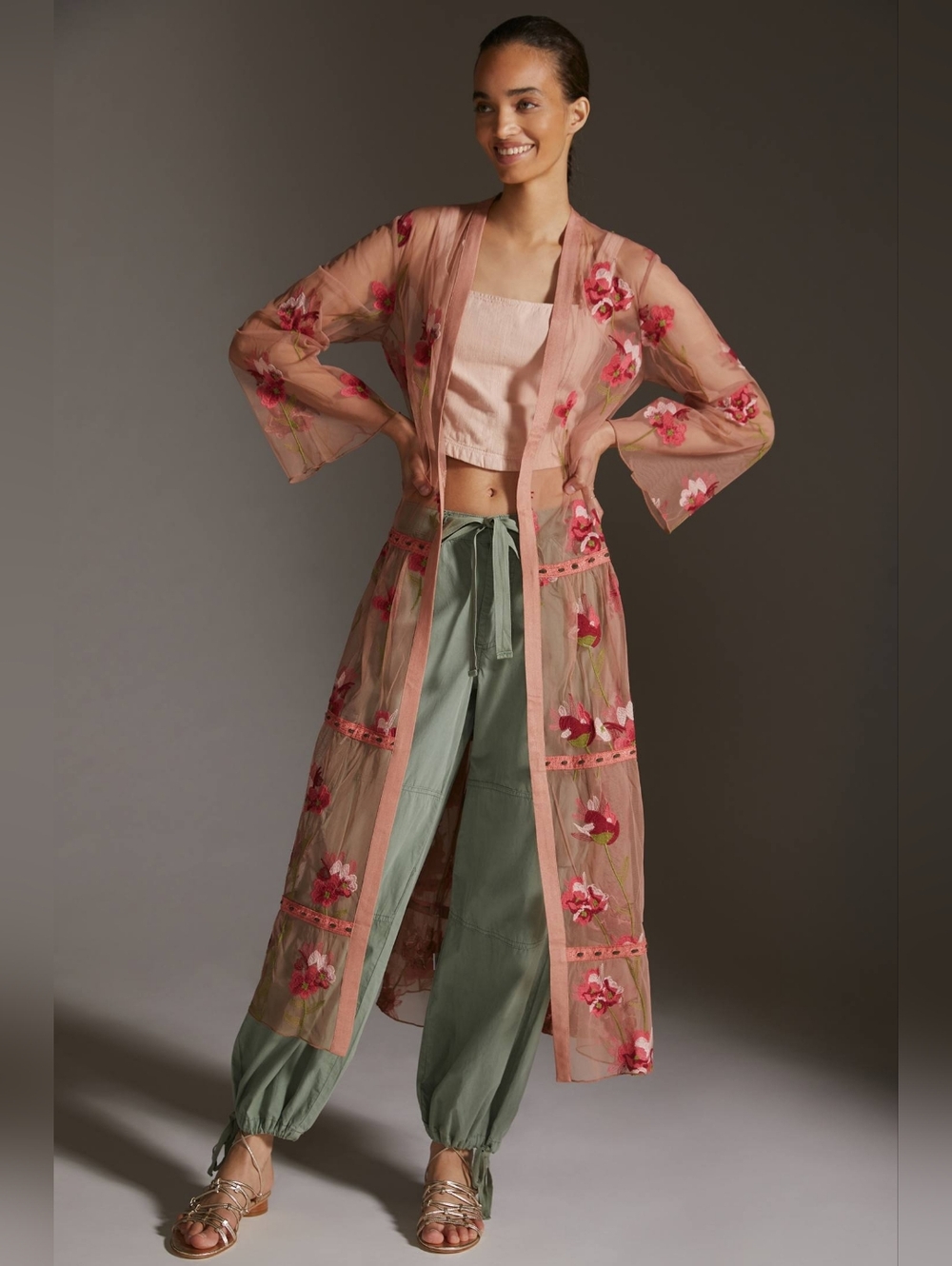 Anthropologie Bl-nk Pink Tulle Kimono Floral Embroidered OS - Picture 2 of 8